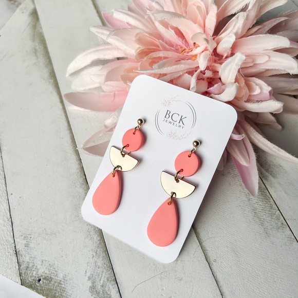 NEW polymer clay earrings HANDMADE by BCKjewelry bright coral statement earrings - Picture 6 of 8